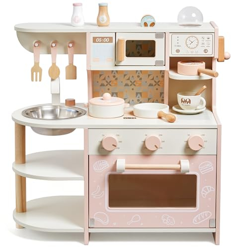 Kleinkind-Spielküche, Holzspielzeug, Kinderküchen-Spielset mit Kaffeemaschine, Spielfutter, Küchenzubehör, Kochset, Geschenk für Mädchen und Jungen, Alter 3, 4, 5, 6 Jahre