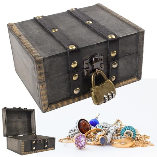 NAVESO Vintage Holz Schatztruhe, Schatzkiste Holz, Schatztruhe Kinder, Holzkiste mit Deckel Vintage, Schatztruhe Klein mit Schloss für Aufbewahrung und Dekoration(Grau)