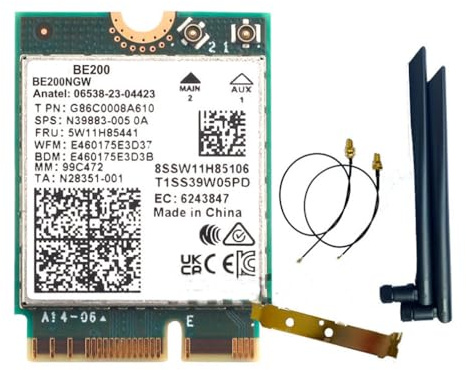 Tarjeta de red inalámbrica WiFi 7 para Intel BE200 compatible con Bluetooth 5.4 WiFi BE200NGW NGFF adaptador 802.11AX 2.4G/5G/6GHz para PC Win10/11 PC (BE200 tarjeta + antena externa)