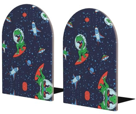 Lustige Buchstützen aus Holz, Motiv: Astronaut, Dinosaurier, Rakete, für Regale, robuste Buchstütze, für Bücher und Filme, 1 Paar