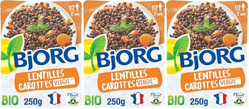 BJORG - Plat Cuisiné Lentilles Carottes Bio - Plat Préparé Bio et Végétarien - Doypack Micro-ondable 250 g (Lot de 3)