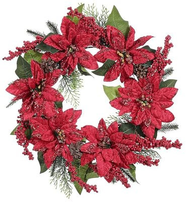 Belupai Weihnachtskranz für die Haustür, 50 cm, Künstlicher Weihnachtsstern-Kranz mit Kugeln, Tannennadel-Kranz mit Weihnachtsblumen, Winter-Türhänger für die Tischtür Im Innen-
