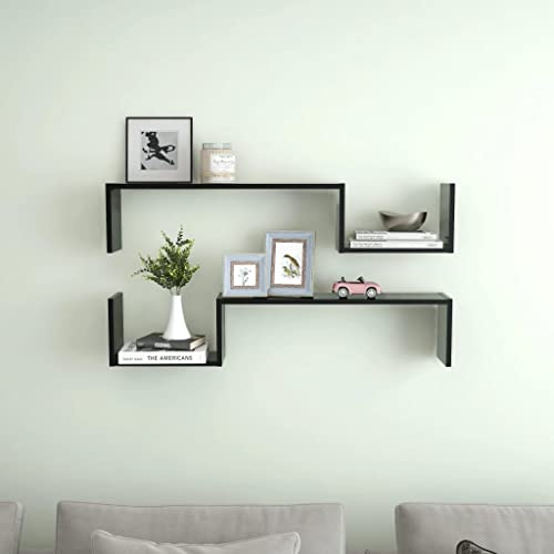 puraday Estantería de pared para salón, color negro, 2 unidades. 100 x 15 x 20 cm, material de madera, para oficina en casa, con sistema de montaje invisible, para dormitorio, estantería elegante
