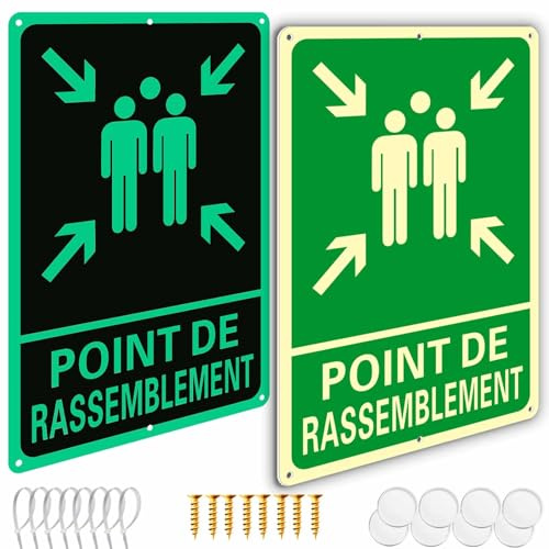 FR Ashoaza 2 Hinweisschilder für den Außenbereich aus Aluminium und innen, selbstklebend, Sammelpunkt, fluoreszierend (Cm 20 x 30 cm) (nachleuchtendes Schild, Notausgang)