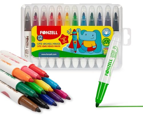 Fonzell Super Abwaschbare Filzstifte Kinder – 12 Farben – Rundspitze 5,5 mm – Leicht abwaschbar von Haut & Kleidung – CE-zertifiziert & ungiftig – Mit Tragetasche für Schule & Zuhause