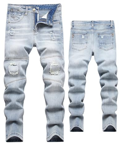 Happy Cherry Jeans Strappati Lunghi Ragazzi Cotone Denim Pantaloni vestibilità Slim Jeans Azzurro Bambini Comodi all Moda per Primavera Estate Autunno, 13-14 Anni