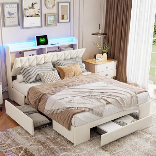 PerGar Polsterbett 160x200 mit integrierter LED-Beleuchtung und USB-Ladefunktion, Samtbett mit 3 Schubladen und Stauraum im Kopfteil, Lattenrost-Stauraumbett, Beige, Doppelbett,Jugendbett