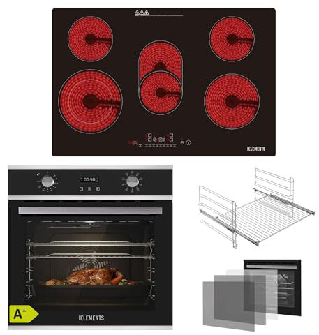 KB ELEMENTS Juego de cocina autosuficiente, horno empotrable de 60 cm, 70 litros, 59 cm, vitrocerámica de 59 cm, 9 funciones, acristalamiento triple de protección térmica, función asador, eficiencia