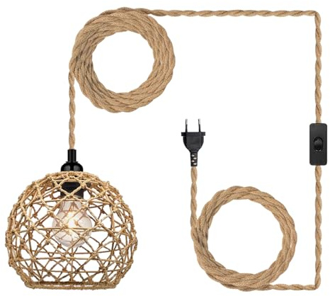 YIKEGE LICHT Rattan Hängelampe mit Stecker Steckdose Outdoor Lampe Hängend Deckenlampe Hängeleuchte Boho Deko Deckenleuchte Esstisch Lampen 4,5M Hanfseil Kabel Pendelleuchte für Schlafzimmer Küche