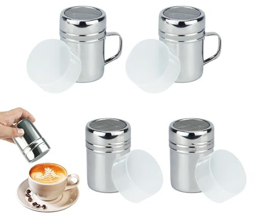 4Pcs Stainless Steel Flour Sugar Salt Shaker, Chocolate Shaker with Lid and Handle, Coffee Sprinkles Powder Spice Dispense with Fine Mesh Sieve Sifter for Syrup, Cream, Cappuccino Kitchen Baking