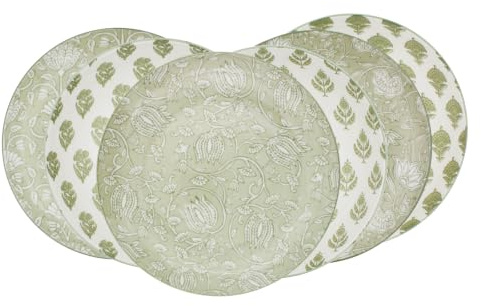 Lot De 6 Grandes Assiettes En Porcelaine, Ø26 Cm, Motifs Végétaux Blanc Et Vert, Collection Soliman, Design Français Élégant Pour Plats Principaux Et Présentations