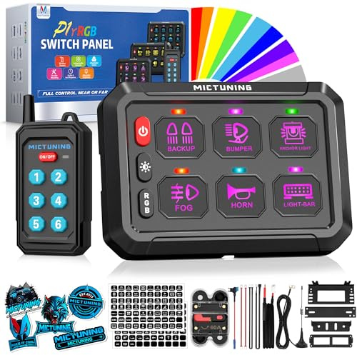 MICTUNING P1Y Panneau d'interrupteurs RVB 6 interrupteurs avec télécommande, interrupteur à bascule stroboscopique momentané et pulsé rétroéclairé 6 niveaux de luminosité en silicone pour camion