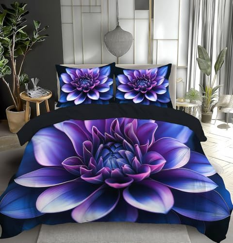 MULERN Set Copripiumino in Microfibra, Fantasia Floreale 3 Pezzi di Chiusura con Cerniera Ultra Morbida, Viola Scuro Dalia, King, 1 x Copripiumino 220x240cm e 2 x Federa 50x75cm, Viola