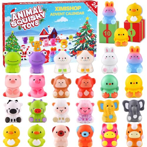 XIMISHOP Advent Calendar 2025 with Animal Squeeze Toys，24PCS Slow Rising Christmas Squishy Toys Soft Foam Animal Stress Toy for Xmas Kids present Relief Stress Favours