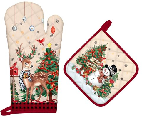 Arquiel Guanti Da Forno Presina Set Di 2 Natale, Pupazzo Neve Cervo Cotone Addensare Guanti Da Forno A Microonde, Presine Da Cucina Morbida Resistenti Calore Per Arrostire, Cuocere Decorativo Regalo