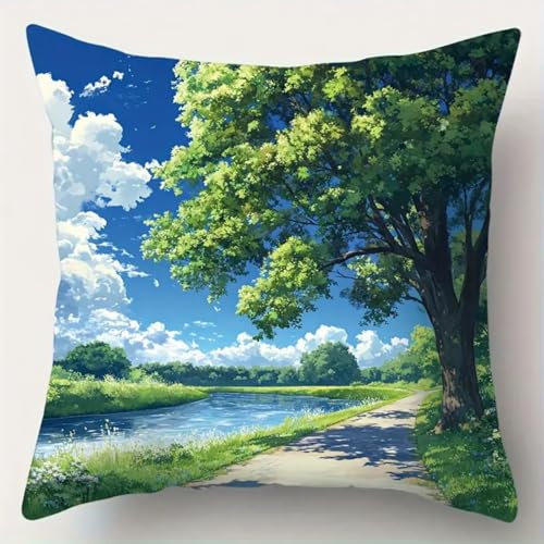ANSIWEIGO Kit Point Noué Coussin,Canevas à Nouer 43x43 cm,Activité DIY pour Débutants, Enfants et Adultes,Décoration Maison et Cadeau Fait Main,Paysage d'été