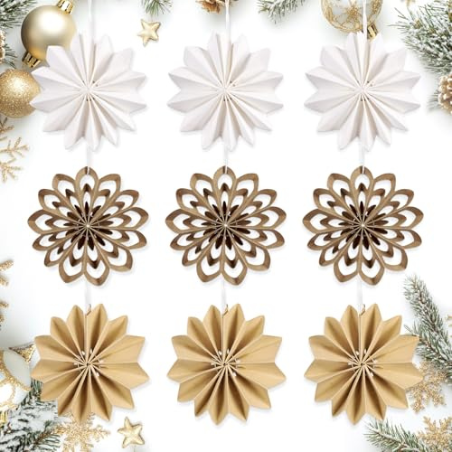 Easy Joy 9 Stück Boho weihnachtsbaumschmuck 3D Mini Weihnachten Papier Fächer Ornamente Pappsterne Weihnachten Hanging Papier Dekorationen Skandinavische Weihnachtsdeko für Tischdeko
