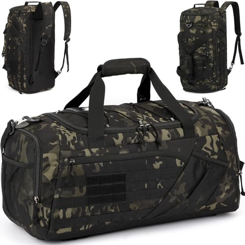 TONRUYN Borsone Palestra Tattica per uomo Donna 45L Borsa Sportiva Impermeabile con Porta Scarpe e Tasca Umida Zaino da Viaggio per Militare Fitness Sport Campeggio, Camo