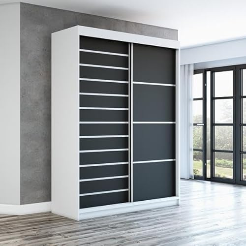 A&J MöbelLand Schwebetürenschrank Colin Kleiderschrank 180 cm mit Spiegel, 6 Regalen & 1 Kleiderstange (Weiß/Schwarz/Schwarz)