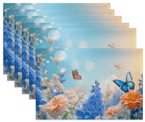 Blue Floral Table Placemats Set of 6,Non-Slip Spring Butterfly Fabric Placemats for Dining Room Kitchen Party Holiday, Indoor Cloth Table Mats for Home Decor 11.8x17.7 Inch