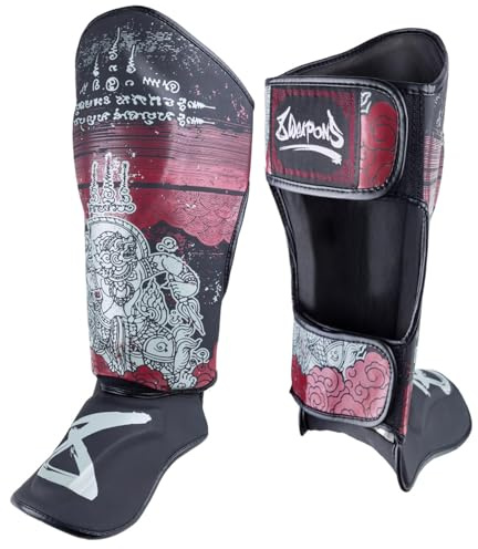 8 WEAPONS Schienbeinschoner Hanuman Yant, Schwarz-rot, Training & Wettkampf, Hochwertiges Kunstleder und perfekte Dämpfung, Muay Thai, K1, MMA, Karate & Kickboxen