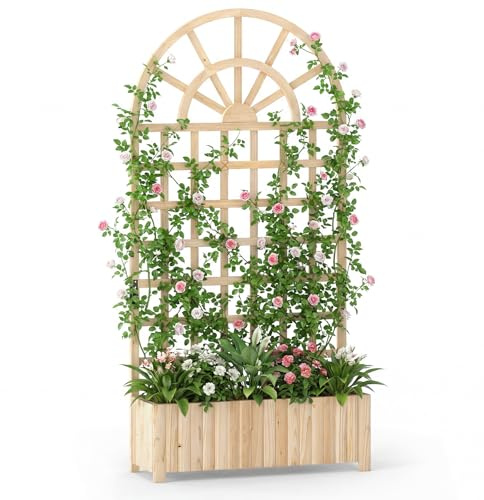 COSTWAY Jardinière en Bois avec Treillis, Lit de Jardin Surélevé avec Écran d'Intimité et Trous de Drainage, Bac à Fleurs d'Extérieur pour Plante Grimpante Fleurs Légumes, 91 x 30 x 182 cm (Naturel)