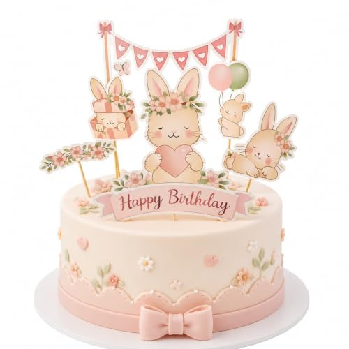 Lot de 6 décorations de gâteau lapins roses pour anniversaire de fille | Décoration de gâteau rose avec motifs de lapin pour anniversaire de fille, fête prénatale, Pâques, printemps et cupcakes