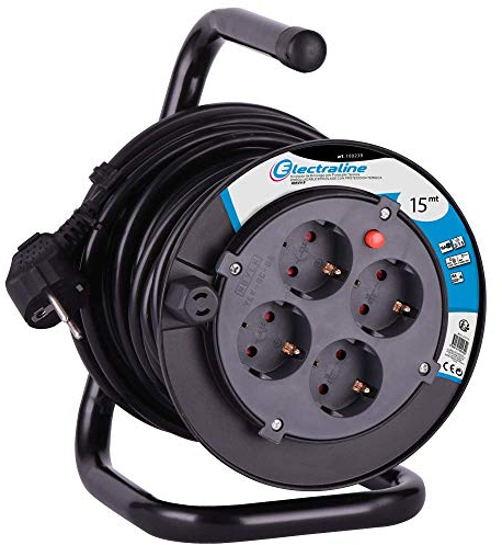 Electraline 49031 Enrollacables 15 M, 4 Tomas Schuko, Cable Sección H05VV-F 3G1.5, Negro