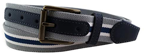 TigerTie hochwertiger Stretchgürtel mit Edelstahl Schnalle und echt Leder Applikationen in grau silber blau weiß gestreift. Gürtelbreite 35 mm, Bundweite 90 cm