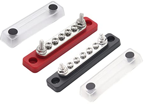 Gloaso Mini Sammelschiene Kupfer 12V-48V 100A Bus Bar Verteiler mit 2x M5 Bolzen und 5x #8/32 Schrauben Klemmleisten, 100 Amp Batterie Sammelschienen DC Busbar Schwarz& Rot 2 Stück | Gloaso DC-Batterieklemmen, Stromverteilerblöcke, schwer entflammbare Basis, Auto, Wohnmobil, Solarboot, Auto, 2 Stück