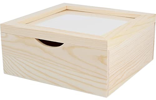 Caja madera para servilletas de pino macizo con vidrio 20x20x9cm.