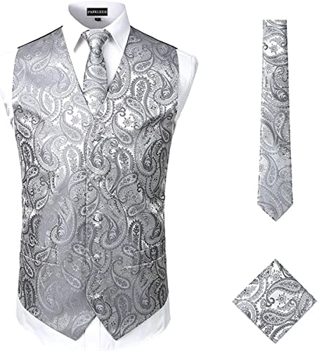 PARKLEES Chaleco clásico de cachemira de 3 piezas para hombre, corbata de bolsillo, cuadrado, para boda, graduación, fiesta, chaleco para traje o esmoquin, ZLSV08-gris, XXL