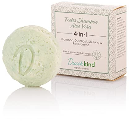 Duschkind Naturkosmetik Shampooing solide à l'aloe vera pour cheveux secs, gel douche, après-shampoing et crème à raser, formule végétalienne, 56 g