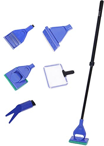 5 in 1 Aquarium Cleaning Tools, Adjustable Fish Tank Cleaning Kit with Long Telescopic Handle Algae Scraper, Gravel Rake, Plant Fork, Fish Net, Sponge Brush