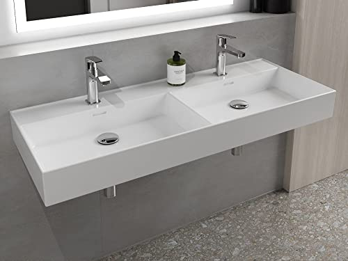 Aqua Bagno | Doppelwaschbecken weiß, Loft Air Design, Modernes Keramik Waschbecken, Waschtisch eckig | 121 x 46 cm
