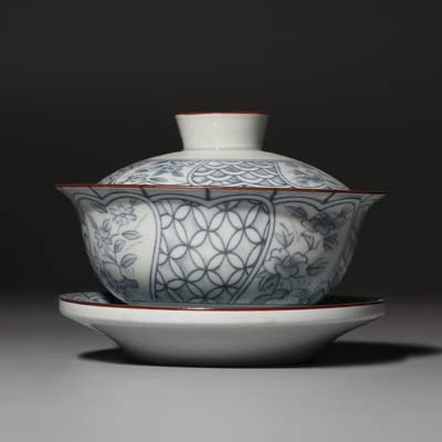 MOLUO Sopera de cerámica Gaiwan de Porcelana Azul y Blanca con Taza, tazón, platillo, Tapa, tazón de té Cubierto, 120ml