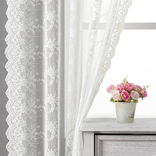 Kotile Spitzen-Café-Vorhänge, 114 cm Länge für Küchenfenster, bestickte Weinrebe, florales Vintage, kurze Spitzenvorhänge, 2 Paneele für kleine Fenster, Stangentasche, 132x114 cm, elfenbeinfarben