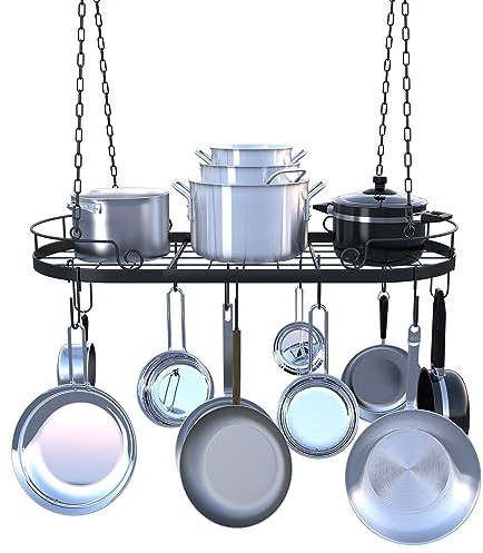 TICKCACY 33' Oval Pan Rack Hanging, Heavy Duty Ceiling Pot Rack with Hooks, Metal Pot Hanger with Grid, Pan and Pot Hangers for Kitchen Cookware Utensils Toiletries, Easy Assembly, Black