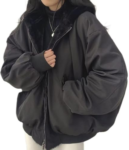 Sumleno Veste Sherpa pour Femme et Adolescentes - Reversible - Y2k - Fermeture Éclair - Sweat à Capuche - Polaire - Fourrure - Grunge - Manteau d'Hiver - Cutecore - Vêtements Coréens, Noir , XL