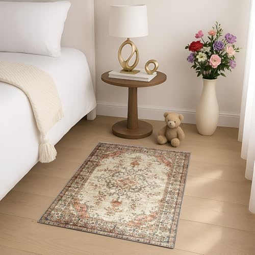 Imperial Rooms Washable Rugs Living Room Small 60x110 cm – Soft Short Pile Area Rugs For Bedroom, Kitchen Non Slip Carpet Bedside Rug Traditional Floral Design Vintage Boho Cashmere Rug, Timeless