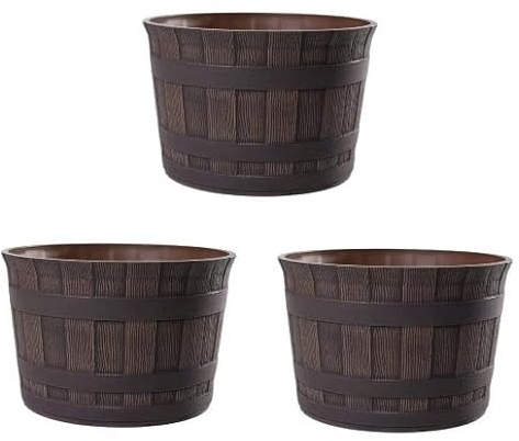 Jinfa 3er-Set Miniteich Pflanzkübel aus Kunststoff in Weinfassoptik bottich Blumenkübel | Farbe: Kastanie | Design: Barrique | Ø 36 cm