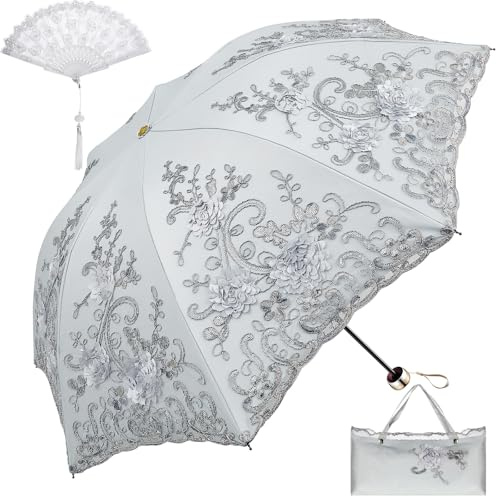 Clysee Floral Lace UV Sun Parasol with Lace Handheld Fan Vintage Flower Embroidery Umbrella Folding Fan Gothic Umbrella or Bridal Wedding Party Gift Show Cosplay Photo Props(Gray)
