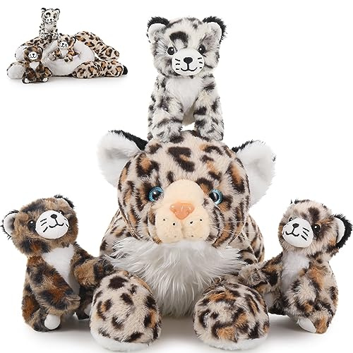 MorisMos 45cm riesen Leopardo Kuscheltier XXL mit 3 Plüschbaby im Bauch, groß liegend Plüsch geparden Leopard XXL, Flauschiger Stofftier Plüschtier Leopardteddy Geschenk für Kinder