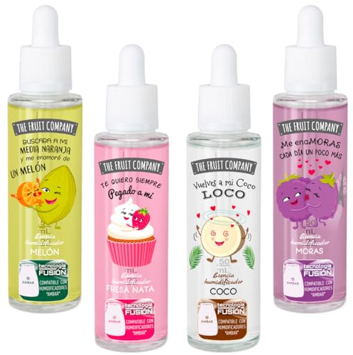The Fruit Company Esencia para Humidificador 50 ml – Aromas Fresa Nata, Melón, Moras o Coco – Esencia Hidrosoluble Aromaterapia – Aroma Intenso para Difusor (PACK4)