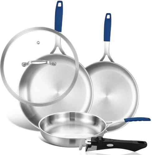 Inqibee Juego de 3 sartenes de acero inoxidable de tres capas de 8.5-10-12 pulgadas con tapa, sartenes, sartenes de inducción, juego de ollas y sartenes, apto para horno y lavavajillas, mango