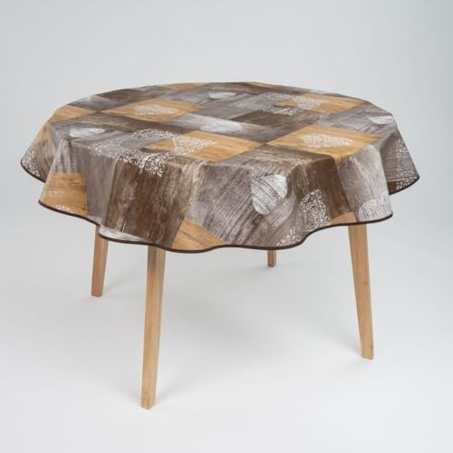 laro 140cm runde Wachstuch Tischdecke abwaschbar Wachstuchtischdecke mit Saum-Eingefasst-Paspelband, Muster:Holzliebe Braun Grau, Größe: Rund 140cm