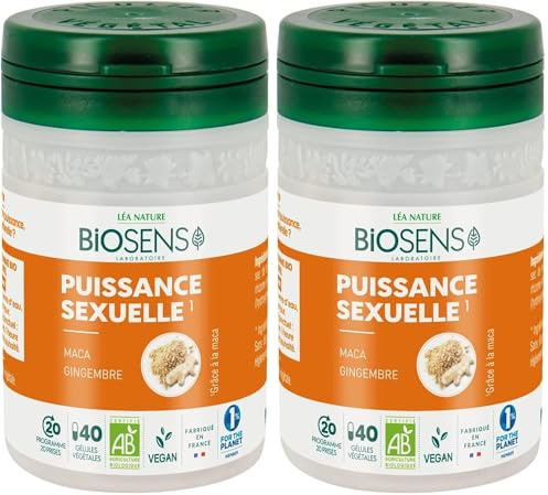 Biosens - Gélule végétale Puissance sexuelle - Maca et Gingembre - Certifié Bio AB Vegan - Fabriqué en France - Actifs 100% Végétaux - Programme de 20 jours - 40 gélules (Lot de 2)