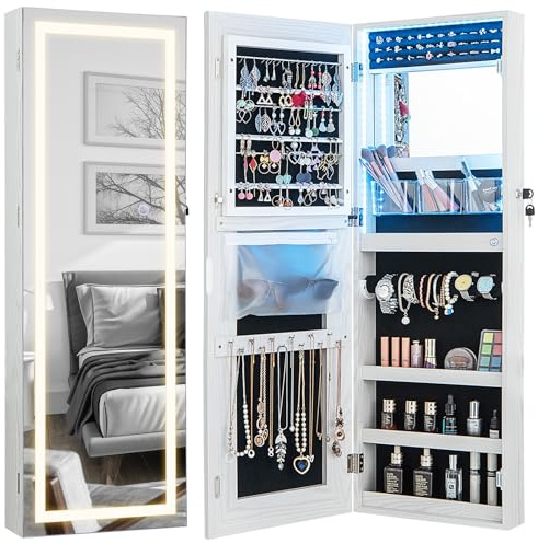 COSTWAY 3-Color LED Lights Jewellery Cabinet, Door Hanging/Wall Mounted Jewelry Armoire with Full Length Mirror and Large Storage, Bedroom Lockable Cosmetics Jewellery Organiser Unit (White)