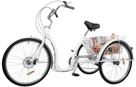 HUSPOO 26 Zoll Dreirad für Erwachsene, 3 Räder 6-Gang Fahrrad mit Einkaufskorb, Maximale Tragfähigkeit 120KG, City Einkauffahrrad Cityräder Bike, für Outdoor-Aktivitäten (Weiß)