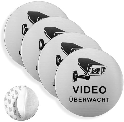Mumjooyi Videoüberwachung Schild Achtung Videoüberwachung Schild 4 Stück Aluminium Hinweisschild Videoüberwachung Selbstklebend Gebürstete Aluminium oberfläche Rund 10cm für Zuhause Outdoor
